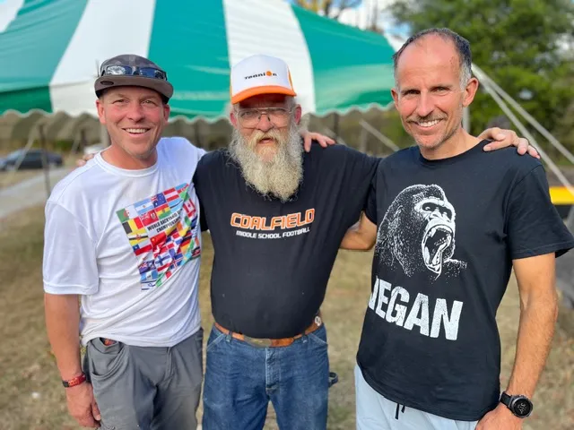 Harvey Lewis in a VEGAN shirt with Lazarus Lake and a friend at a race camp